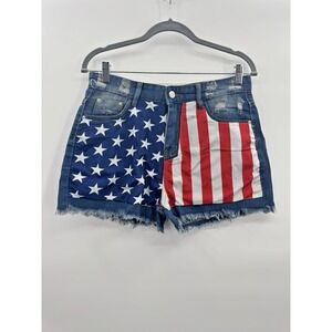 Large Denim Jean Short Raw Hem Daisy Dukes American Flag USA Distressed Festival